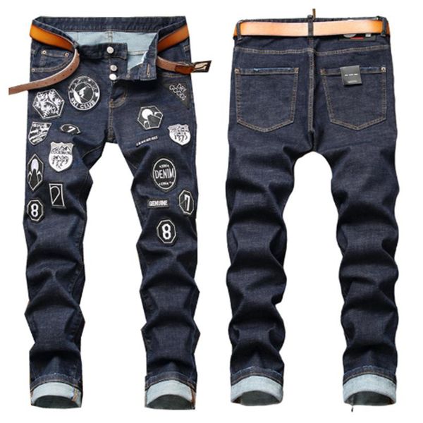 designer mens badge rips stretch black jeans men's slim fit washed motocycle denim pants panelled hip hop trousers, Blue
designer mens badge rips stretch black jeans men's slim fit washed motocycle denim pants panelled hip hop trousers, Blue