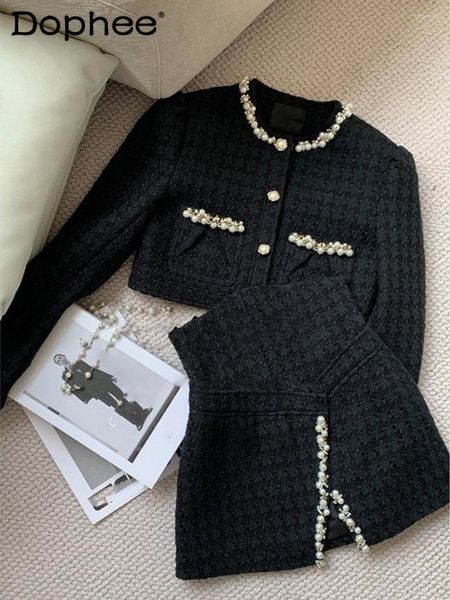 work dresses winter french style temperament socialite woolen suit women heavy beads tweed coat high waist hip mini skirt two-piece sets, White;black
work dresses winter french style temperament socialite woolen suit women heavy beads tweed coat high waist hip mini skirt two-piece sets, White;black