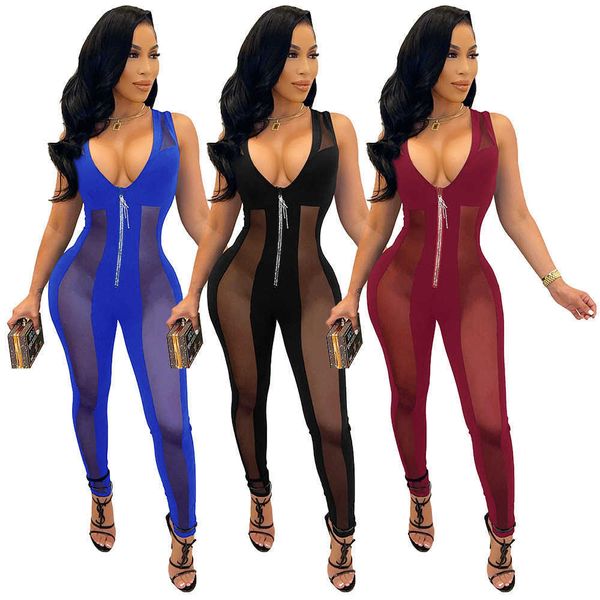 women spring and summer new solid color mesh stitching deep v hollow perspective brick zipper sleeveless jumpsuit, Black;white
women spring and summer new solid color mesh stitching deep v hollow perspective brick zipper sleeveless jumpsuit, Black;white