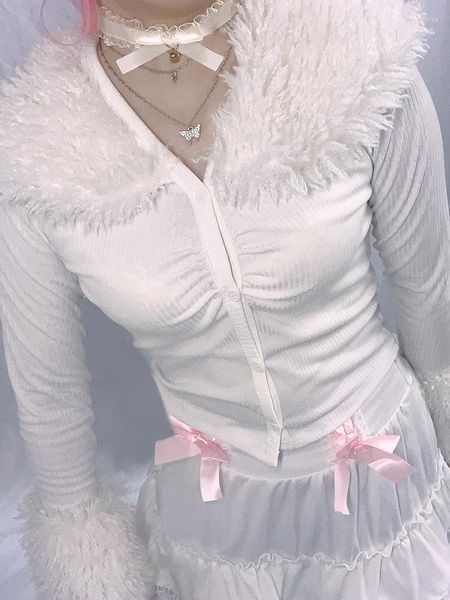women's knits cute turn-down faux fur collar folds button up knitted cardigan casual elegant chic long sleeve fairycore women, White
women's knits cute turn-down faux fur collar folds button up knitted cardigan casual elegant chic long sleeve fairycore women, White
