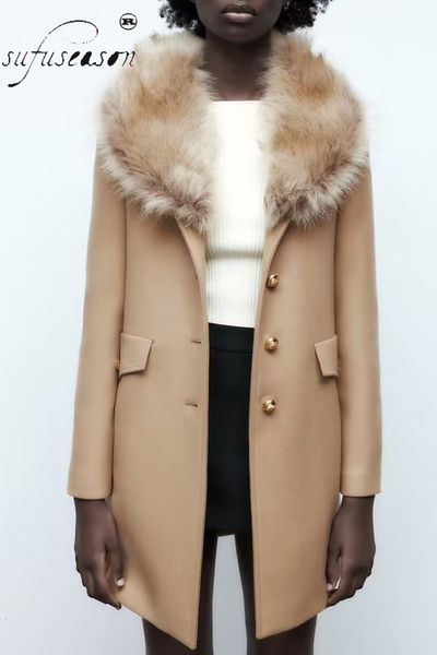 women's wool blends in ladie winter solid jacket fur collar single breasted long sleeve coat warm basic female fashion outwear za traf, Black
women's wool blends in ladie winter solid jacket fur collar single breasted long sleeve coat warm basic female fashion outwear za traf, Black