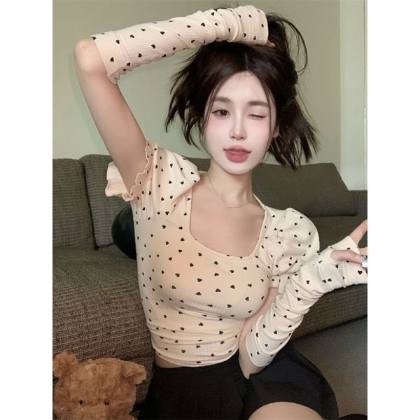women's t shirt square neck heart shaped printed puff sleeve t shirt women summer sweet pit cloth slim fitting crop with sleeves 23030, White
women's t shirt square neck heart shaped printed puff sleeve t shirt women summer sweet pit cloth slim fitting crop with sleeves 23030, White