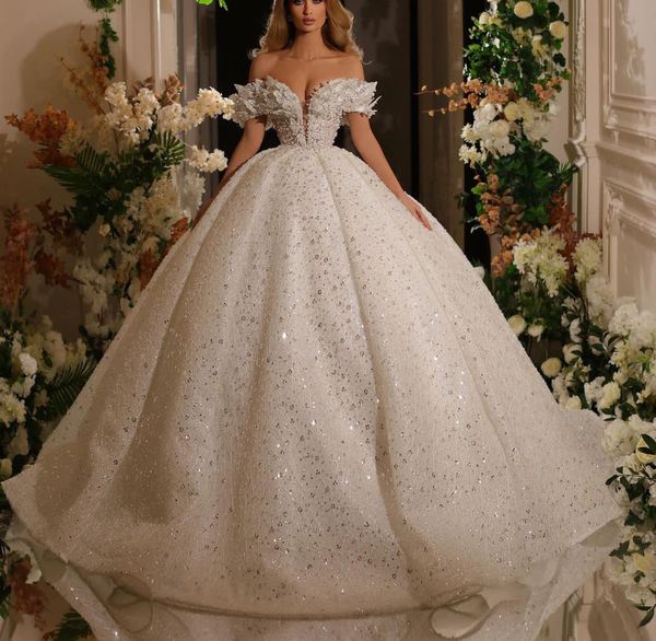 sparkly ball gown wedding dresses v neck sleeveless off shoulder 3d lace sequins appliques floor length beaded pearls ruffles formal dresses, White
sparkly ball gown wedding dresses v neck sleeveless off shoulder 3d lace sequins appliques floor length beaded pearls ruffles formal dresses, White