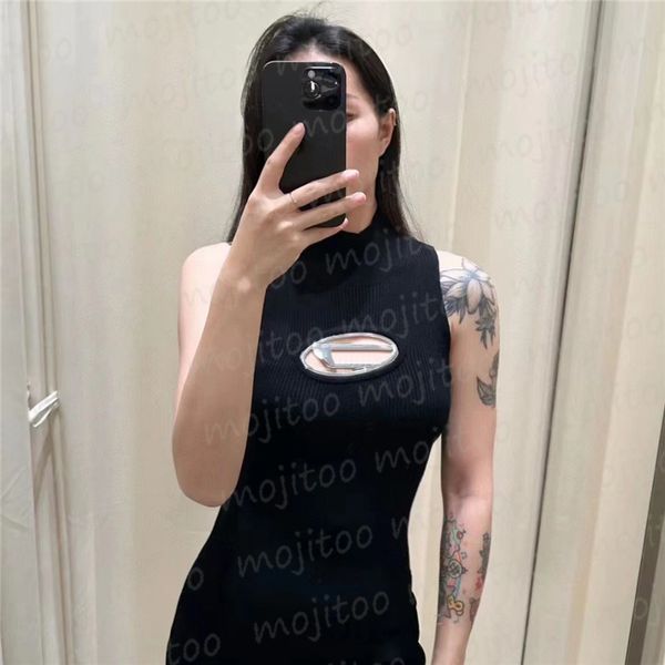 Image of Women Knit Vest Dresses Hollow Letter Sexy Slim Skirts Ladies Casual Sleeveless Knitting Dress Clothes