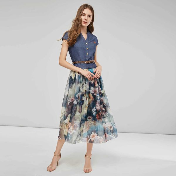 casual dresses 2023 summer new women's dress denim print v-neck slim mid-length dress t230303, Black;gray