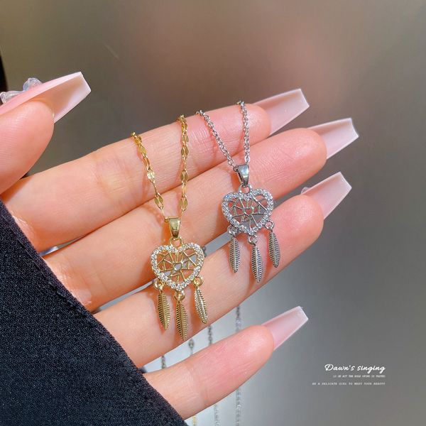 s3477 light luxury dreamcatcher pendant necklace for women titanium steel chain feather hollowed heart niche design choker necklace, Silver
s3477 light luxury dreamcatcher pendant necklace for women titanium steel chain feather hollowed heart niche design choker necklace, Silver