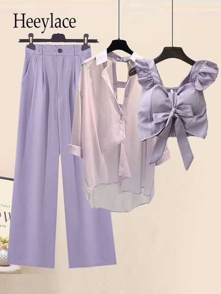 women's two piece pant summer purple 3 pieces set fashion short vest long sleeve backless chiffon sunscreen blouse wide leg long sets 2, White
women's two piece pant summer purple 3 pieces set fashion short vest long sleeve backless chiffon sunscreen blouse wide leg long sets 2, White