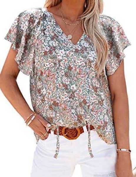 women's casual floral print v neck ruffle short sleeve summer shirts loose blouses4t4k, White
women's casual floral print v neck ruffle short sleeve summer shirts loose blouses4t4k, White