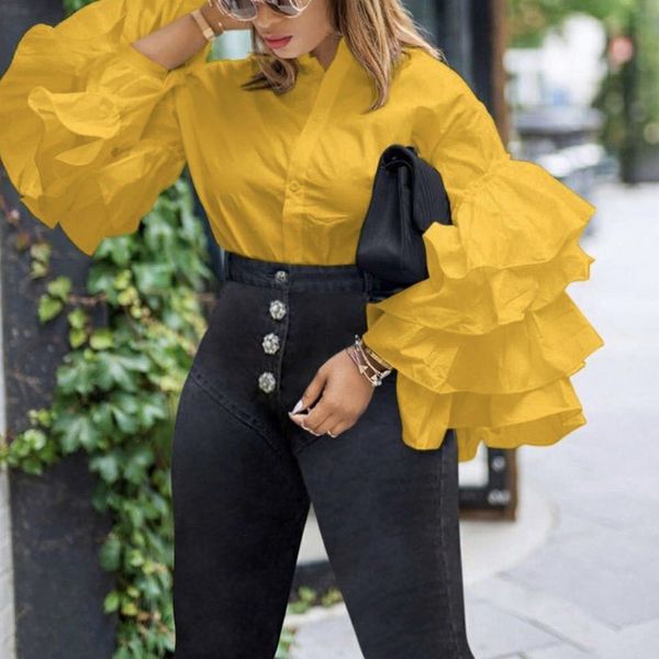 women's blouses shirts ruffle sleeve shirt button up women yellow solid spring long female loose office work wear ladies casual 230303, White
women's blouses shirts ruffle sleeve shirt button up women yellow solid spring long female loose office work wear ladies casual 230303, White