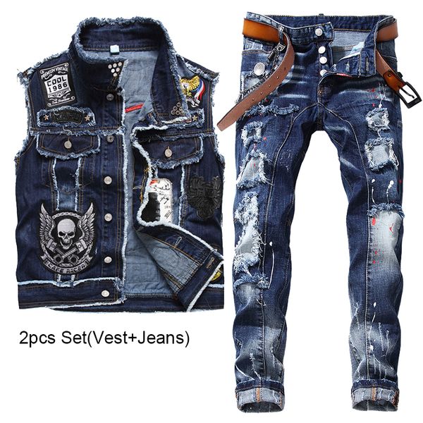 2023 new tracksuits blue men 2 pieces sets fashion slim casual embroidery skull denim vest and ragged paint patch stretch jeans conjuntos de, Gray
2023 new tracksuits blue men 2 pieces sets fashion slim casual embroidery skull denim vest and ragged paint patch stretch jeans conjuntos de, Gray