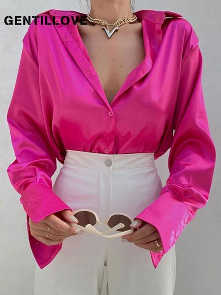 women's blouses shirts elegant solid simple lapel oversized blouse and shirt women spring summer long sleeve satin blue chic tunics st, White