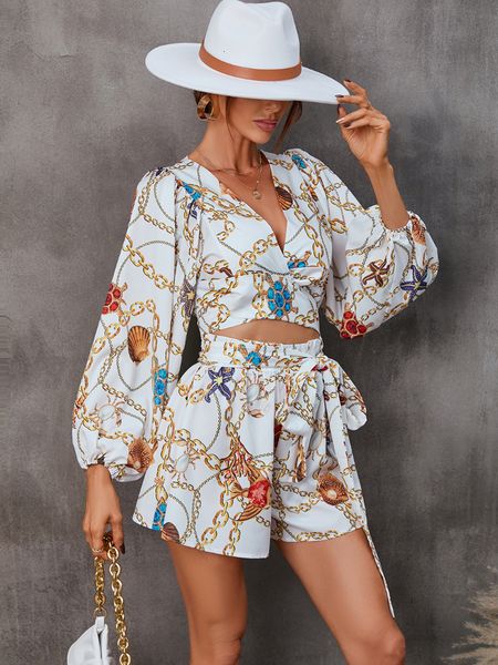 women s two piece pants two piece set outfit spring flower long sleeve shorts v neck jumpsuit fashion streetwear loose 230303, White 
women s two piece pants two piece set outfit spring flower long sleeve shorts v neck jumpsuit fashion streetwear loose 230303, White