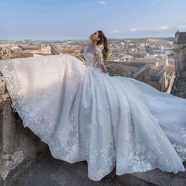 2023 arabic ball gown wedding dresses off shoulder illusion lace appliques beads long sleeves sweep train puffy tulle open back bridal gowns, White
2023 arabic ball gown wedding dresses off shoulder illusion lace appliques beads long sleeves sweep train puffy tulle open back bridal gowns, White