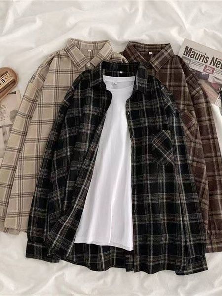 women's blouses shirts vintage women plaid shirts autumn long sleeve oversized blouse button up korean loose casual fall outwear femme, White
women's blouses shirts vintage women plaid shirts autumn long sleeve oversized blouse button up korean loose casual fall outwear femme, White
