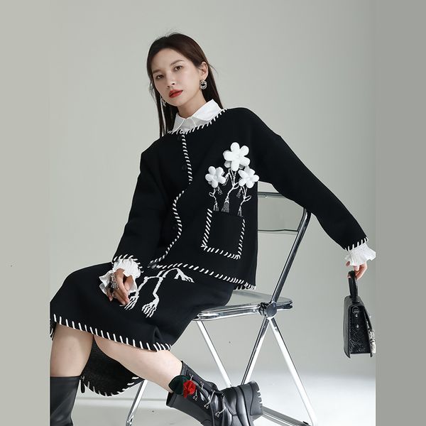 two piece dress niche design sense wear three dimensional flower heavy industry black knitted sweater coat female 230303, White
two piece dress niche design sense wear three dimensional flower heavy industry black knitted sweater coat female 230303, White