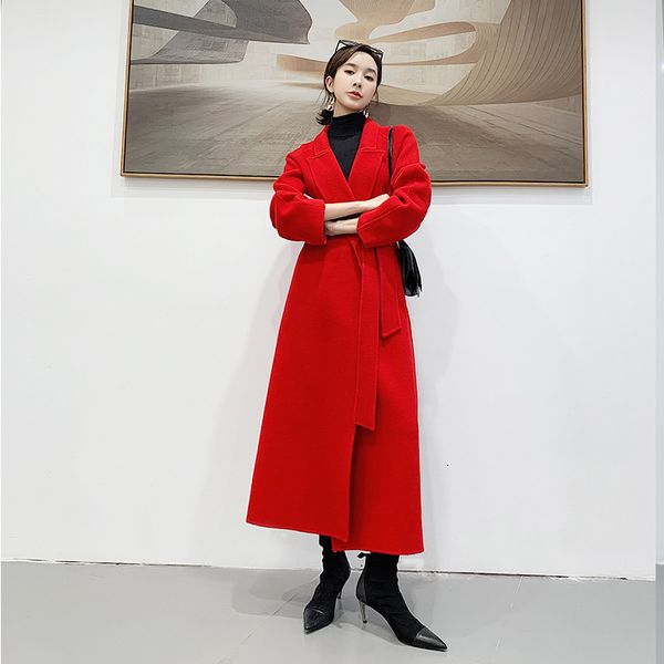 women's wool blends highend autumn winter long red woolen coat women korean fashion belt slim doublesided cashmere suit collar designed, Black
women's wool blends highend autumn winter long red woolen coat women korean fashion belt slim doublesided cashmere suit collar designed, Black