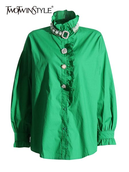 women's blouses shirts twotwinstyle solid casual button through blouse female stand collar long sleeve patchwork pearl shirts for women, White
women's blouses shirts twotwinstyle solid casual button through blouse female stand collar long sleeve patchwork pearl shirts for women, White
