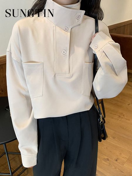 women's blouses shirts sungtin casual stand collar korean blouse shirt women vintage loose female fashion oversized soft spring pocket, White
women's blouses shirts sungtin casual stand collar korean blouse shirt women vintage loose female fashion oversized soft spring pocket, White