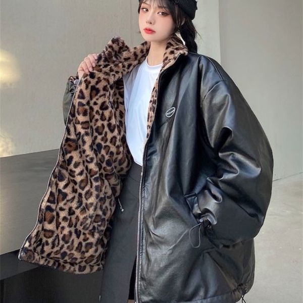 women s jackets fashion two sided wear leopard print thick plush jacket women autumn winter retro pu leather casual coat streetwear 230303, Black;brown
women s jackets fashion two sided wear leopard print thick plush jacket women autumn winter retro pu leather casual coat streetwear 230303, Black;brown