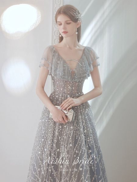 luxury gray evening dress exquisite v-neck ruffle flare sleeve tulle beading glitter sequins banquet shiny birthday prom gowns performance, Black;red
luxury gray evening dress exquisite v-neck ruffle flare sleeve tulle beading glitter sequins banquet shiny birthday prom gowns performance, Black;red