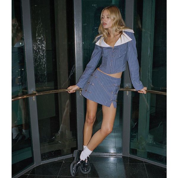 two piece dress american design sense two piece set with contrast color stitching large lapel striped tunic shirt button pin skirt suit forw, White
two piece dress american design sense two piece set with contrast color stitching large lapel striped tunic shirt button pin skirt suit forw, White