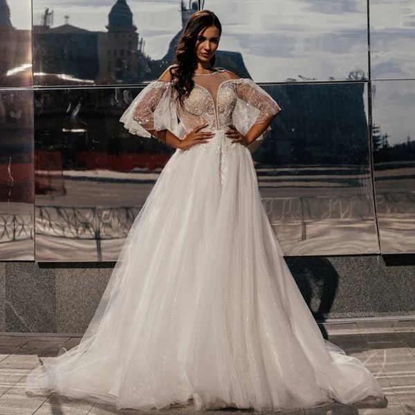 african dubai elegant a-line wedding dresses sheer neck lace appliques sequined sweep train wedding bridal gowns, White
african dubai elegant a-line wedding dresses sheer neck lace appliques sequined sweep train wedding bridal gowns, White
