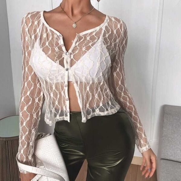 women's t-shirt black white lace mesh sheer see through long sleeve button crop women streetwear summer y2k aesthetic tee
women's t-shirt black white lace mesh sheer see through long sleeve button crop women streetwear summer y2k aesthetic tee