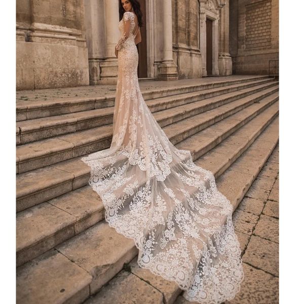 2023 lace appliques wedding dresses deep v neck exquisite mermaid dress bridal gowns sweep train long sleeves weeding party dresses, White
2023 lace appliques wedding dresses deep v neck exquisite mermaid dress bridal gowns sweep train long sleeves weeding party dresses, White