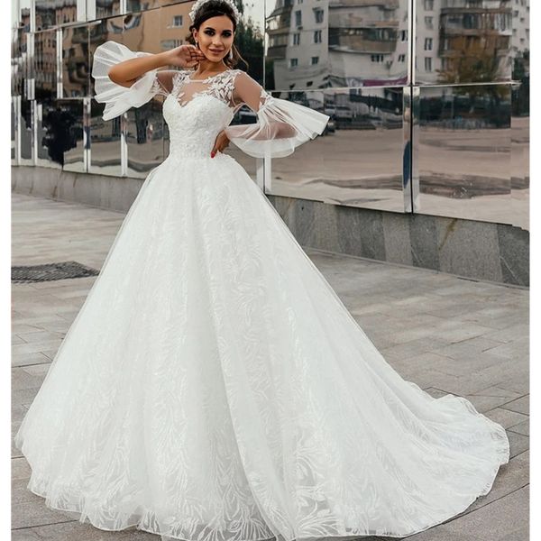 scoop neck a line wedding dresses with juliet half sleeves lace appliques bridal gowns lace-up back tulle second recption dress, White
scoop neck a line wedding dresses with juliet half sleeves lace appliques bridal gowns lace-up back tulle second recption dress, White