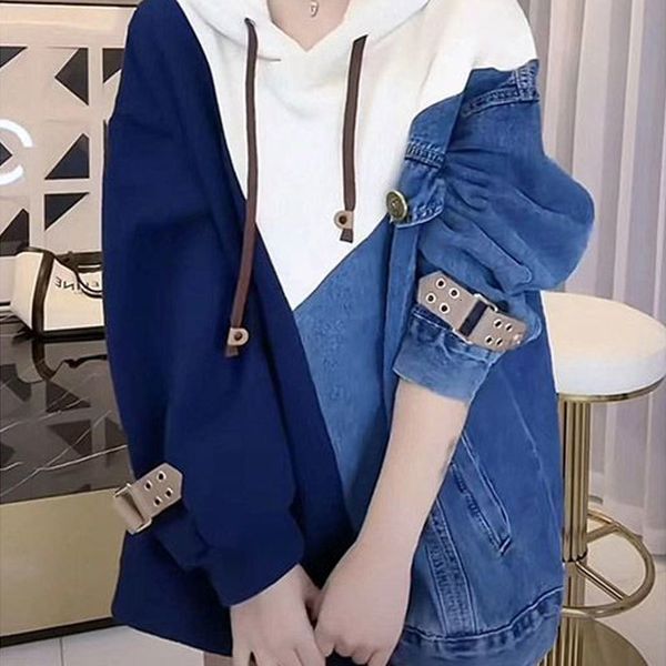 women's hoodies sweatshirts female clothing denim patchwork hooded sweatshirts stylish autumn winter korean casual loose contrasting co, Black
women's hoodies sweatshirts female clothing denim patchwork hooded sweatshirts stylish autumn winter korean casual loose contrasting co, Black