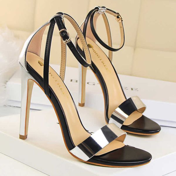 shoes high heels metal buckle women shoes 11 cm women heels party shoes stiletto heels fish mouth women sandals 230307, Black