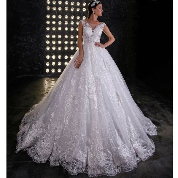 2023 new arrival a line wedding dresses sheer scoop neck cap sleeves tulle lace appliques sweep train plus size bridal gowns, White
2023 new arrival a line wedding dresses sheer scoop neck cap sleeves tulle lace appliques sweep train plus size bridal gowns, White