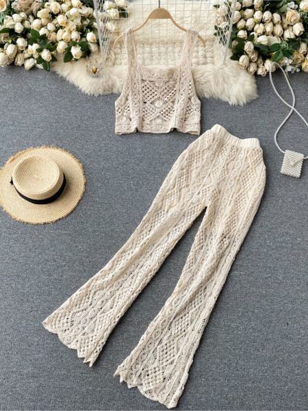 women s two piece pant summer sleeveless hollow out knitted short strap long flare suits boho beach clothing 230307, White
women s two piece pant summer sleeveless hollow out knitted short strap long flare suits boho beach clothing 230307, White