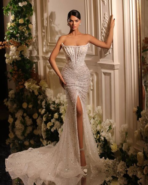 mermaid prom dresses sleeveless bateau neck strapless appliques sequins floor length celebrity front slit pearls evening dress bridal gowns, Black
mermaid prom dresses sleeveless bateau neck strapless appliques sequins floor length celebrity front slit pearls evening dress bridal gowns, Black