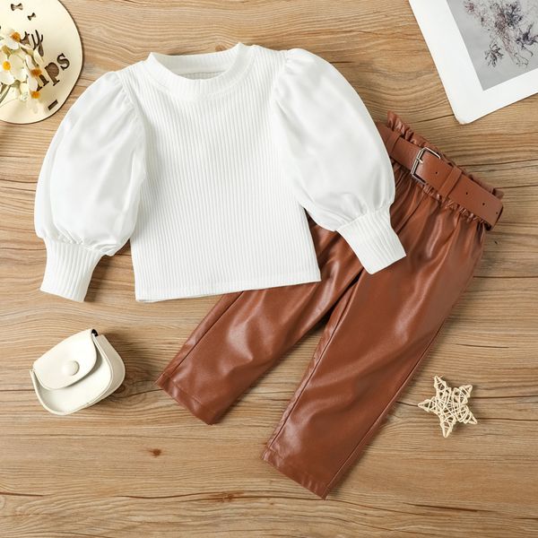 clothing sets girls autumn pullover ribbed blouse pu leather pants with belt 2pcs set kids puff sleeve t shirt casual clothes suit for 1 6 y, White
clothing sets girls autumn pullover ribbed blouse pu leather pants with belt 2pcs set kids puff sleeve t shirt casual clothes suit for 1 6 y, White