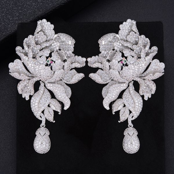 ear cuff godk 76mm luxury peony flower blossom cubic zirconia women statement long drop earring wedding party bridal fringed jewelry gift 23, Silver 
ear cuff godk 76mm luxury peony flower blossom cubic zirconia women statement long drop earring wedding party bridal fringed jewelry gift 23, Silver