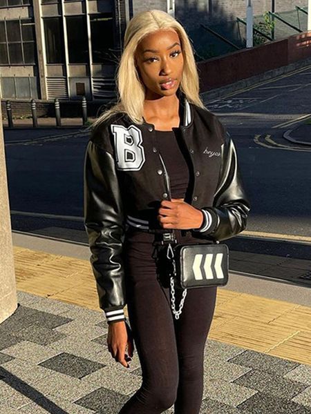 women's jackets weird puss patchwork short jacket varsity women autumn casual button leather sleeve baseball coat y2k fashion sporty sw, Black;brown 
women's jackets weird puss patchwork short jacket varsity women autumn casual button leather sleeve baseball coat y2k fashion sporty sw, Black;brown