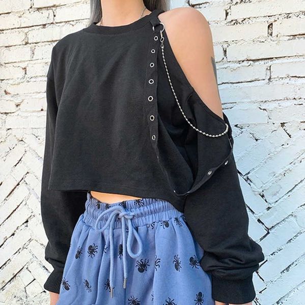 long sleeve vintage punk gothic female t-shirts one off shoulder rivet chain hollow out t-shirt women cropped chic, White
long sleeve vintage punk gothic female t-shirts one off shoulder rivet chain hollow out t-shirt women cropped chic, White