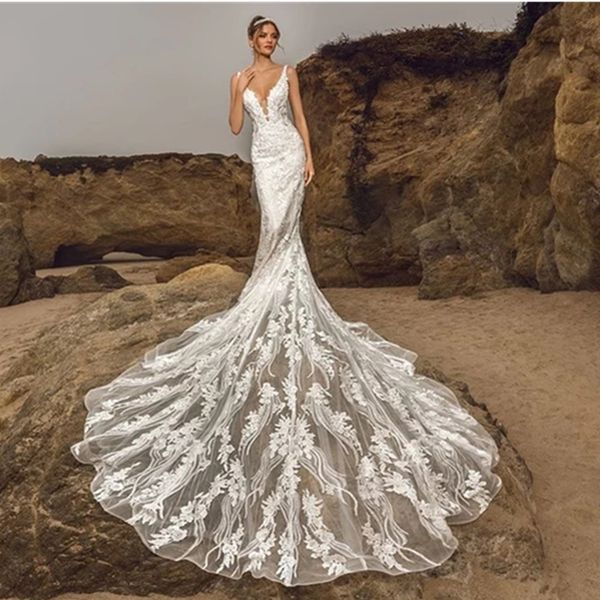 gorgeous beach mermaid wedding dresses straps bridal gown v neck lace applique boho satin sweep train custom made plus size vestido de novia, White
gorgeous beach mermaid wedding dresses straps bridal gown v neck lace applique boho satin sweep train custom made plus size vestido de novia, White