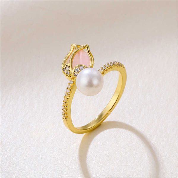 band rings korean tulip flower imitation pearl rings for women fashion shiny zircon opening adjustable finger ring trendy wedding jewelry aa, Silver