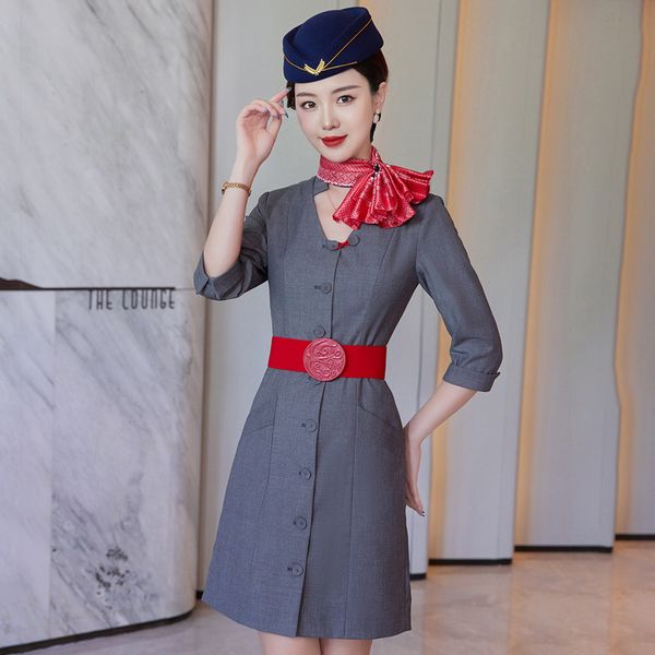 air stewardess high grade work dress and hat summer fashion three quarter sleeve robe clothes flight attendant interview uniform, White;black
air stewardess high grade work dress and hat summer fashion three quarter sleeve robe clothes flight attendant interview uniform, White;black