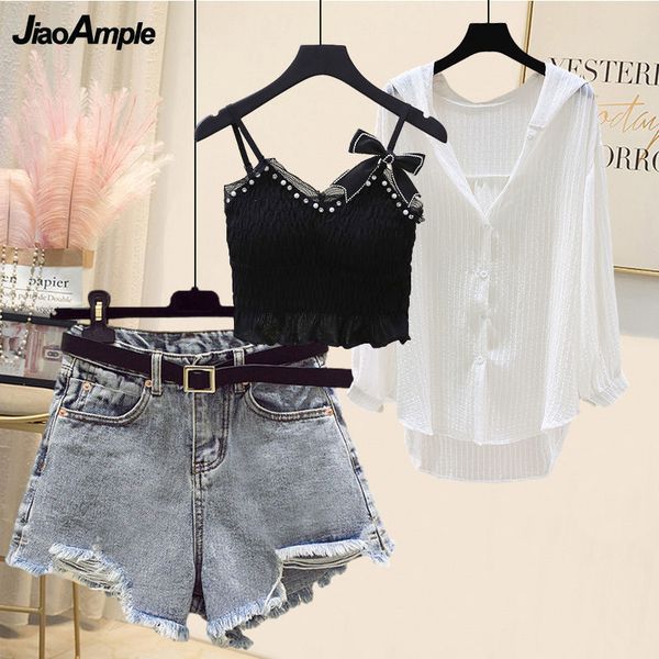 women s two piece pants summer fashion clothing 2023 korean student loose thin hooded white shirt bow crop denim short 3 set 230307
women s two piece pants summer fashion clothing 2023 korean student loose thin hooded white shirt bow crop denim short 3 set 230307