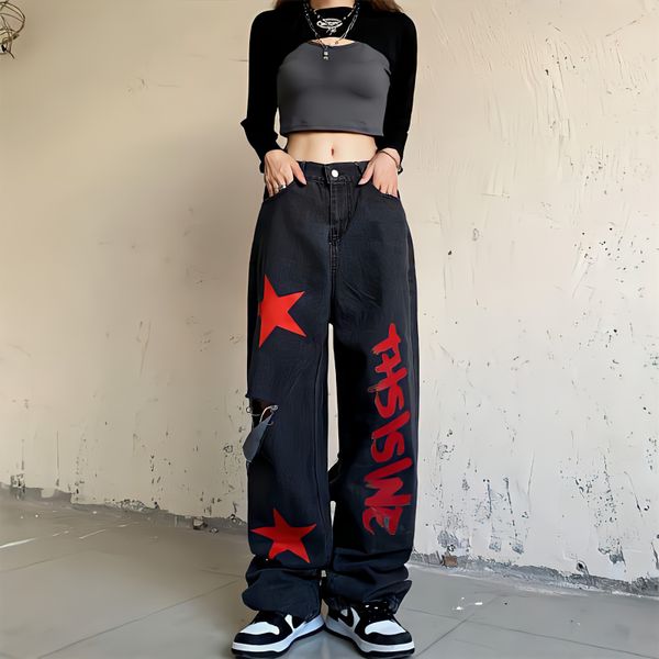 qnpqyx hip hop american style black baggy jeans women high waist vintage trousers stars printed graffiti letters wide leg ripped pants, Blue
qnpqyx hip hop american style black baggy jeans women high waist vintage trousers stars printed graffiti letters wide leg ripped pants, Blue