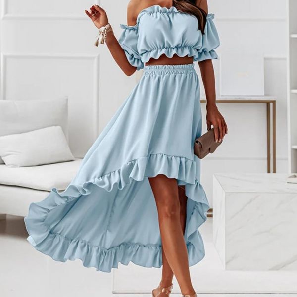 two piece dress 2 pcsset summer elegant ruffled backless solid color ruffle shoulderless breathable mini set for prom 230307, White 
two piece dress 2 pcsset summer elegant ruffled backless solid color ruffle shoulderless breathable mini set for prom 230307, White