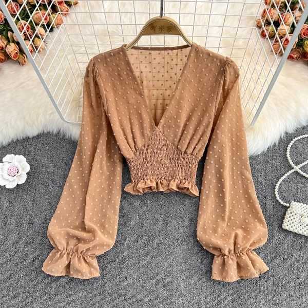 women's blouses spring and autumn fashion french v-neck cross slim puff sleeves polka dot western style waist casual short women, White
women's blouses spring and autumn fashion french v-neck cross slim puff sleeves polka dot western style waist casual short women, White