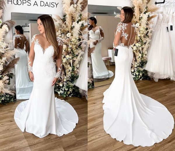 modern lace mermaid wedding dresses sheer appliques long sleeves backless with button covered long bridal gowns plus size robes bc15391, White
modern lace mermaid wedding dresses sheer appliques long sleeves backless with button covered long bridal gowns plus size robes bc15391, White