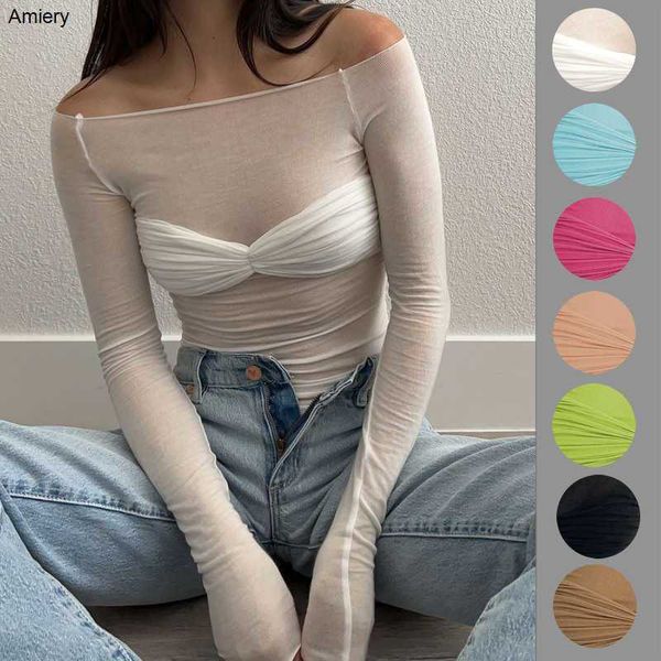 2023 spring summer womens mesh t shirt hollow out light perspective one neck t-shirt crop tees for ladies outfits, White
2023 spring summer womens mesh t shirt hollow out light perspective one neck t-shirt crop tees for ladies outfits, White