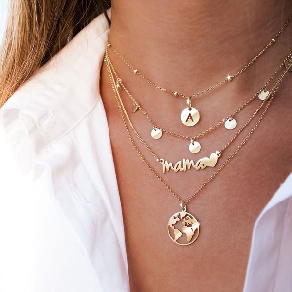 world map letter mama pendant ladies multi-layer necklace women's jewelry wholesale, Silver
world map letter mama pendant ladies multi-layer necklace women's jewelry wholesale, Silver