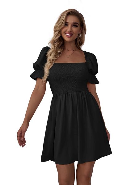 summer women casual beach dresses square neck flounce short sleeve shirred ruffle hem a line mini dress, Black;gray
summer women casual beach dresses square neck flounce short sleeve shirred ruffle hem a line mini dress, Black;gray