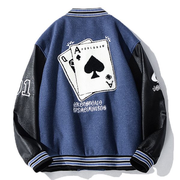 men s jackets american retro flocking baseball uniform men poker pattern embroidery pu leather stitching casual varsity jacket woman outwear, Black;brown
men s jackets american retro flocking baseball uniform men poker pattern embroidery pu leather stitching casual varsity jacket woman outwear, Black;brown